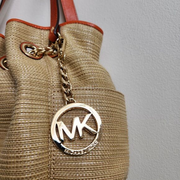 MICHAEL KORS Handbag Women Natural Burlap Canvas & Leather Strap Gold Chain Link - Picture 3 of 15